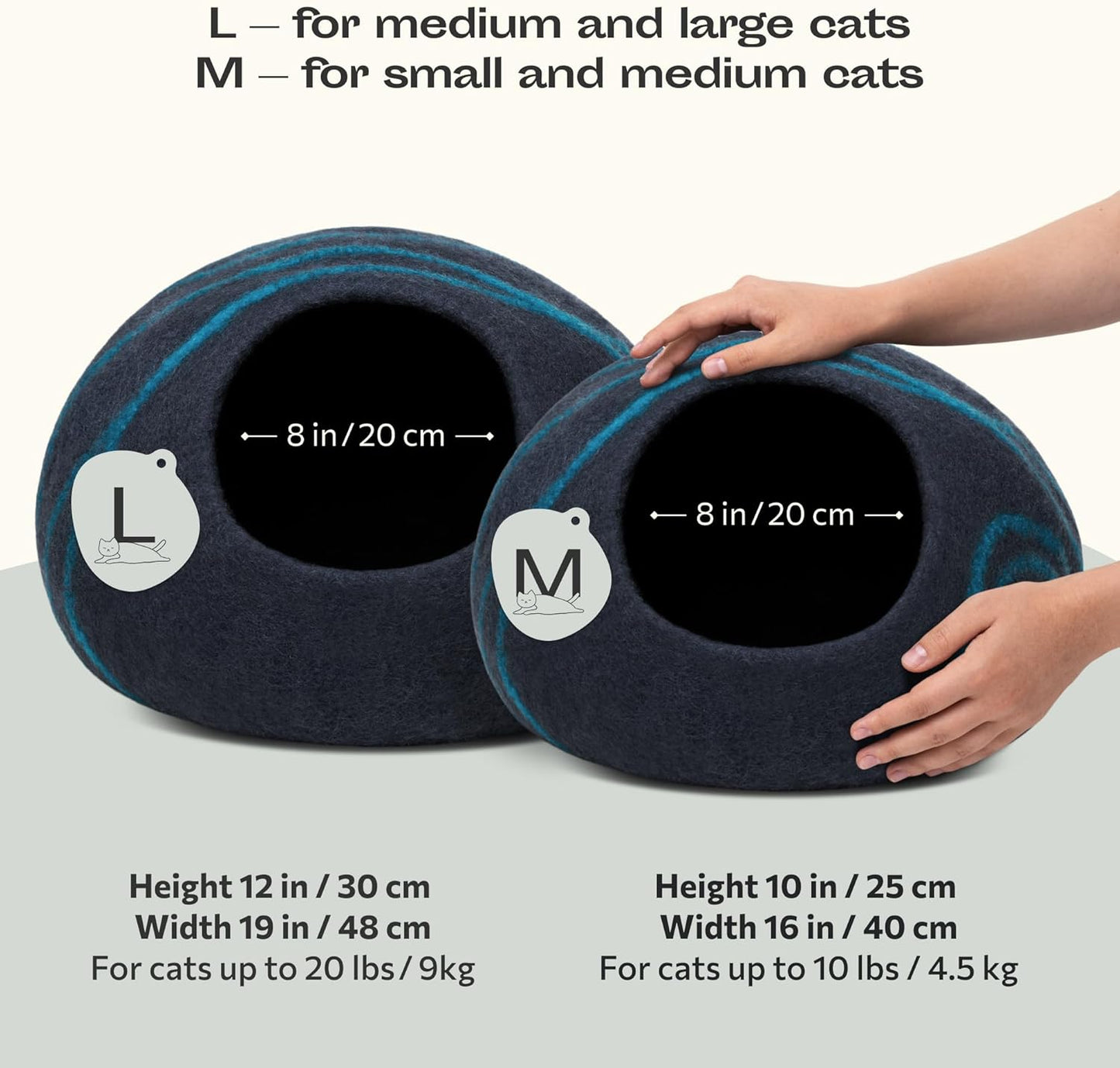 Cat Cave – Premium Felt Cat Bed for Indoor Cats, Handmade 100% Merino Wool, Cat (Large, Black Aqua)
