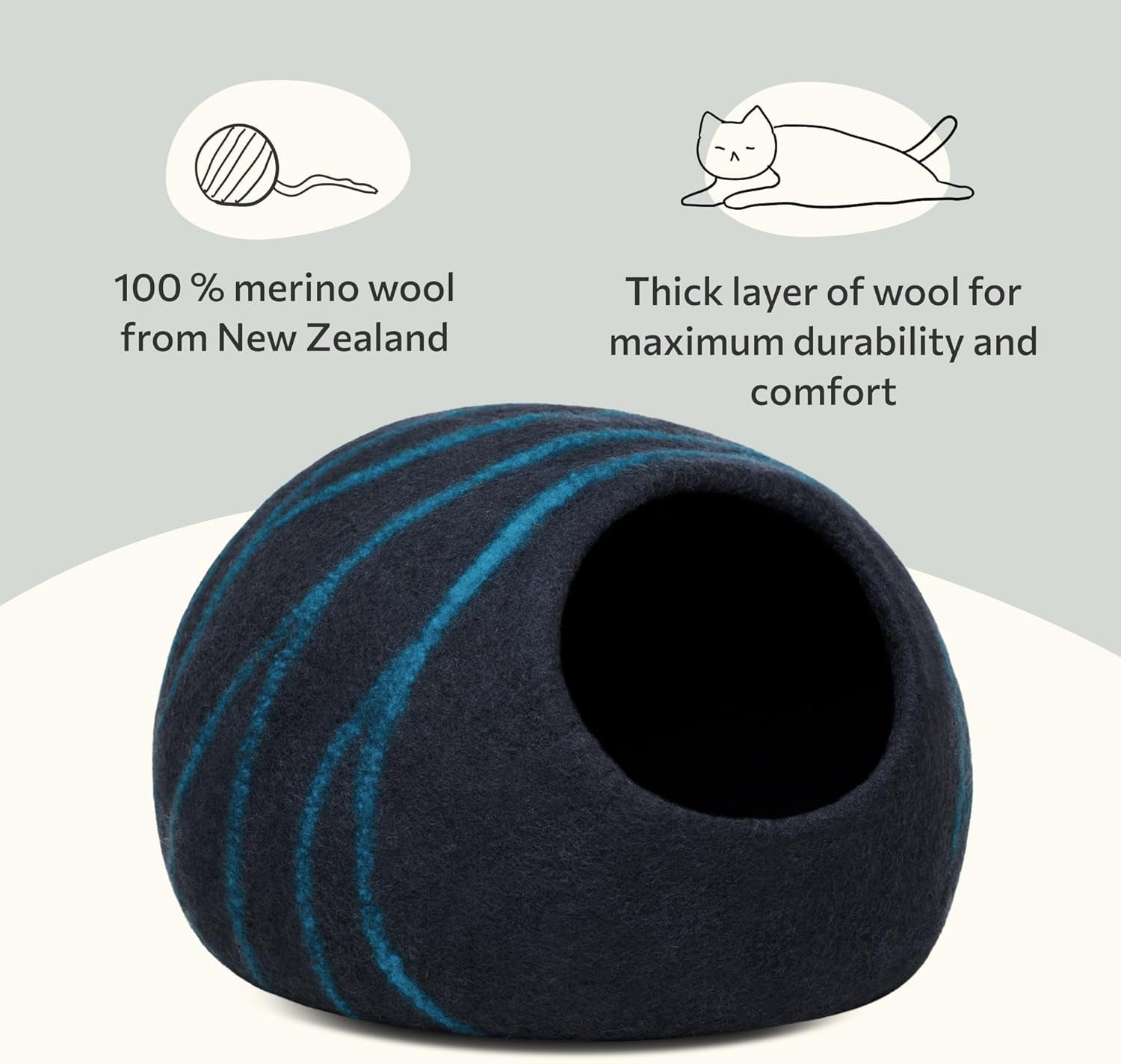 Cat Cave – Premium Felt Cat Bed for Indoor Cats, Handmade 100% Merino Wool, Cat (Large, Black Aqua)