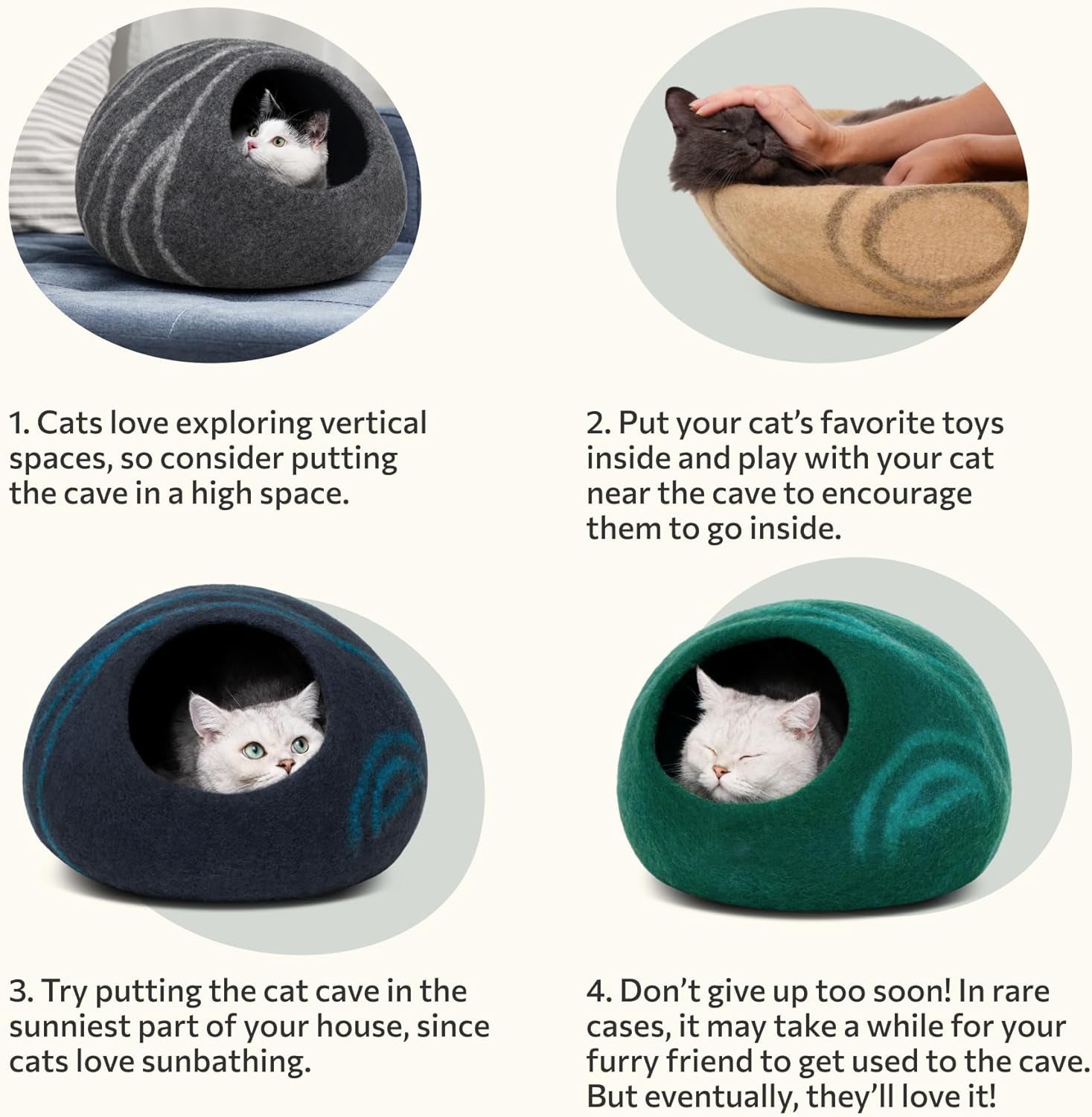 Cat Cave – Premium Felt Cat Bed for Indoor Cats, Handmade 100% Merino Wool, Cat (Large, Black Aqua)