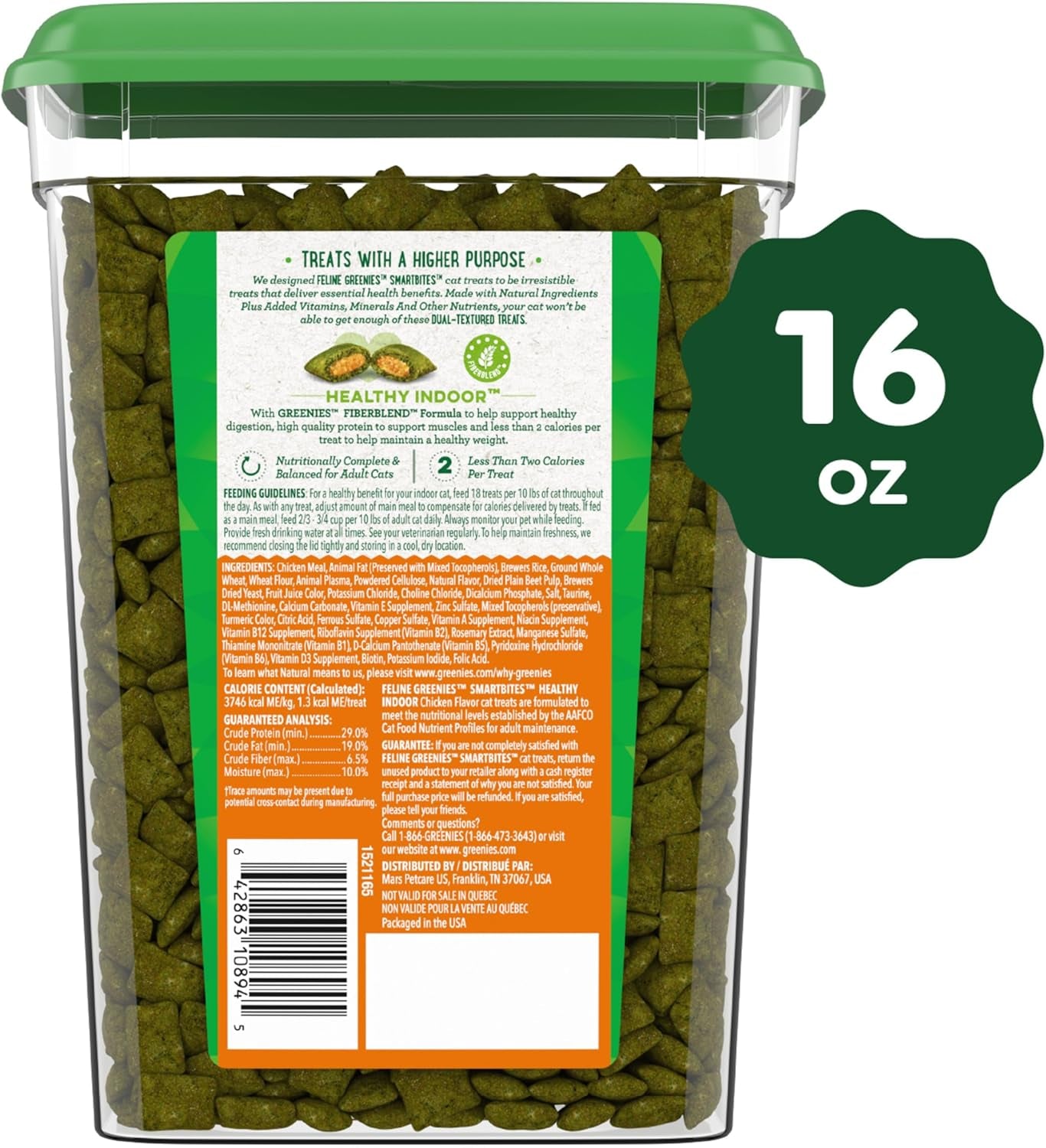 Feline Smartbites Healthy Indoor Cat Treats, Chicken Flavor, 16 Oz. Tub